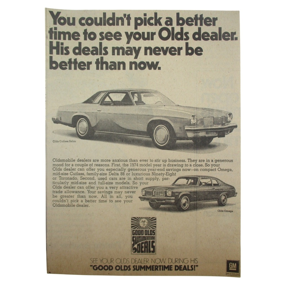 Vintage 1974 Oldsmobile Print Ad Cutlass Salon Omega GM Summertime Deals 10x7